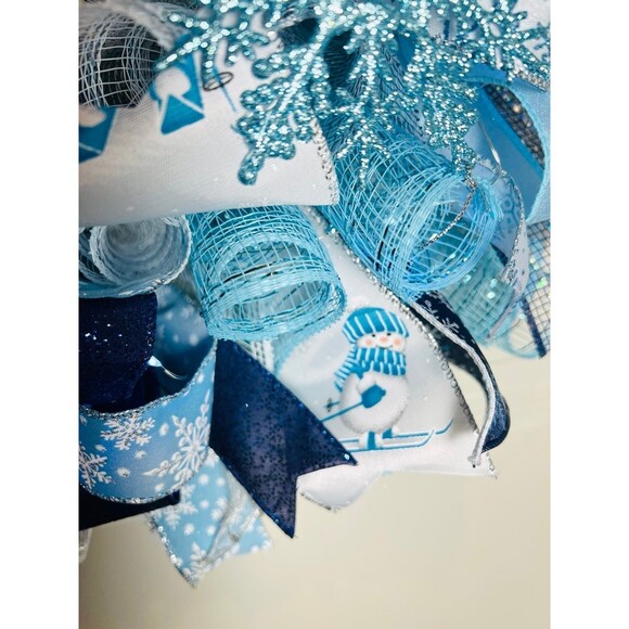 XL Handmade Christmas Holiday Skiing Snowman Ribbon Prelit Wreath 26 ins LED - Picture 8 of 12